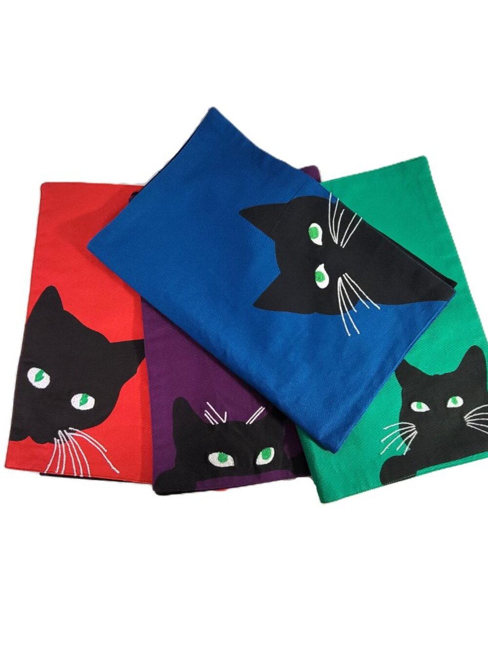 Vtg Peeking Black Cat Cotton Placemats Set of 4 Red Blue Green Purple RN 96998